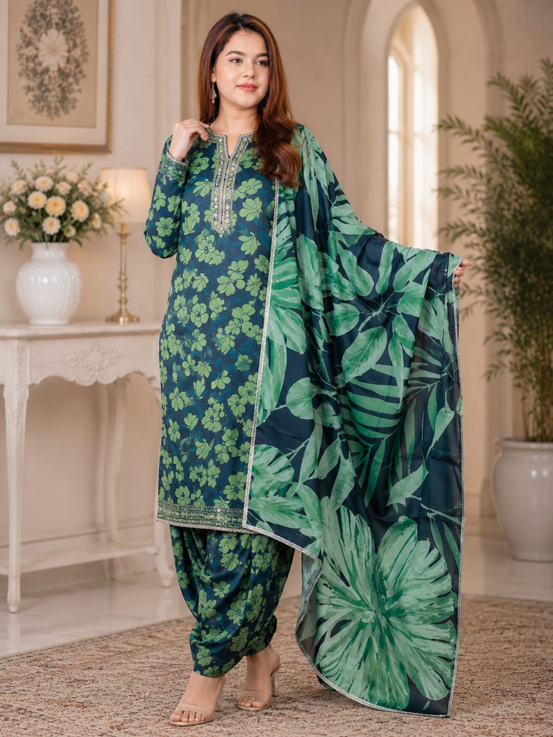 Nivara Styles Green Tropical Leaf Print Designer 3 piece with Contrast Design