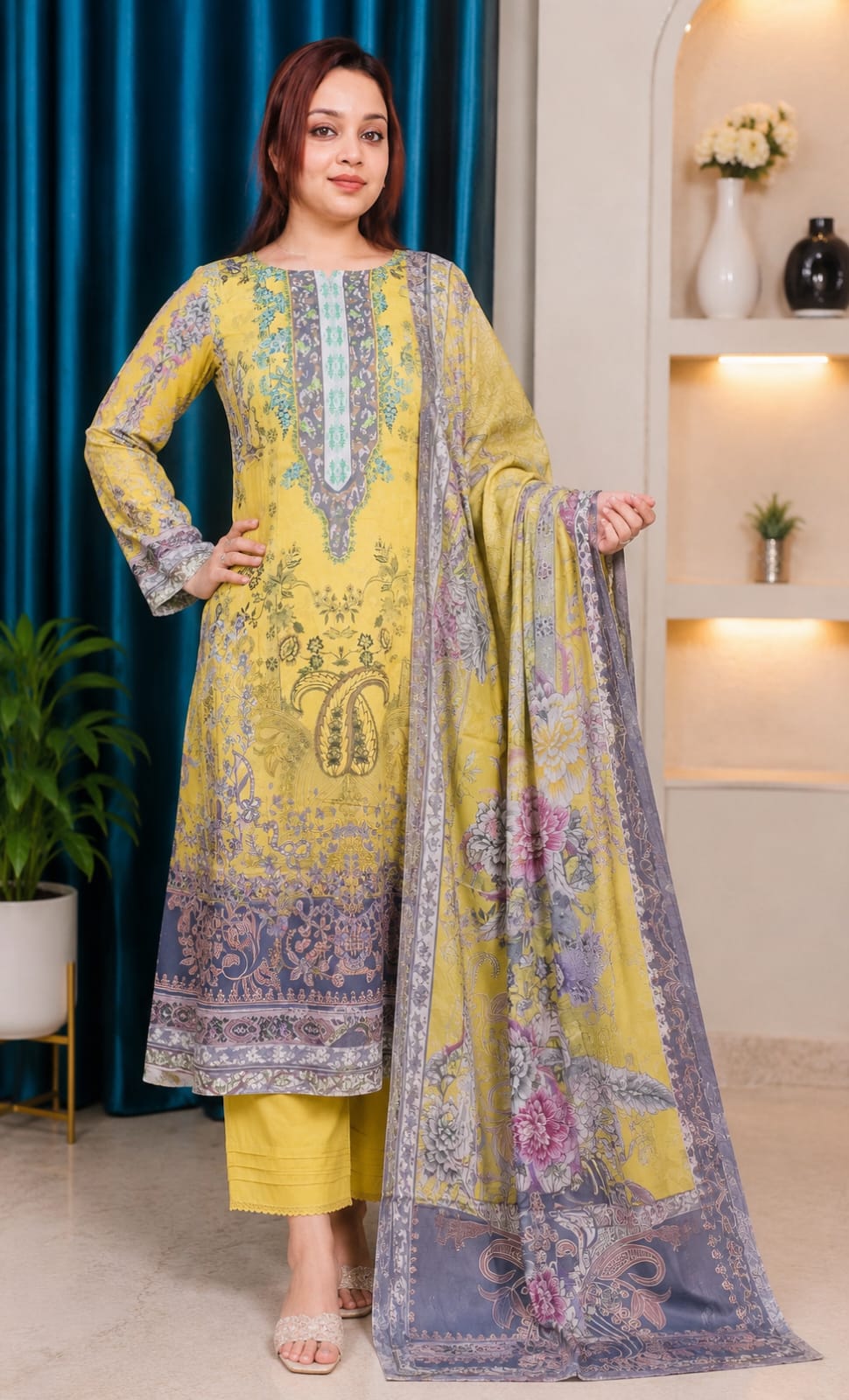 Lemon Yellow & Slate Grey Floral 3-Piece